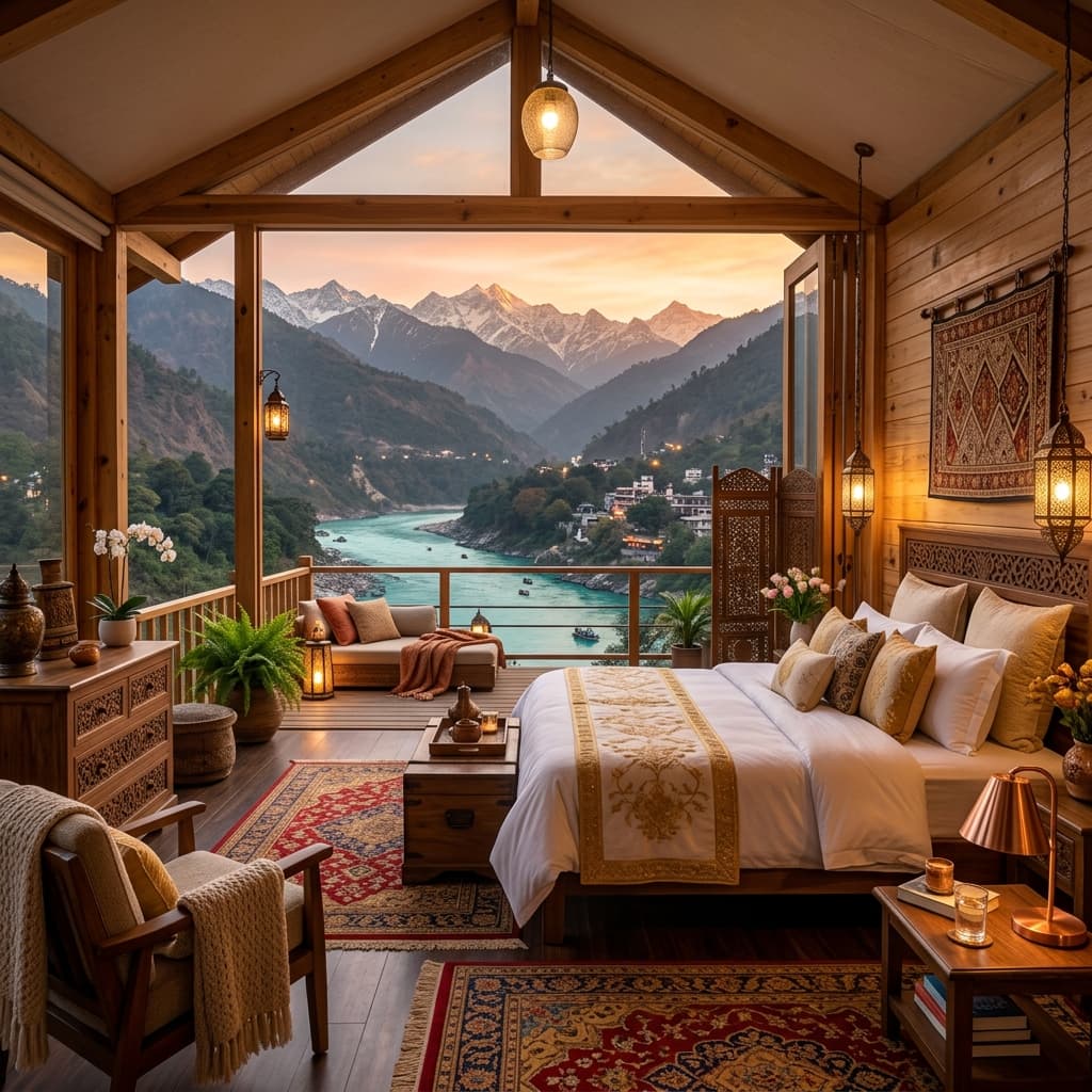 Luxury cottage interior with Himalayan mountain and Ganges river view